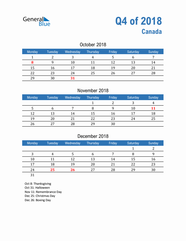 Canada Q4 2018 Quarterly Calendar with Monday Start