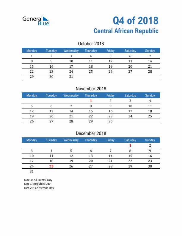 Central African Republic Q4 2018 Quarterly Calendar with Monday Start