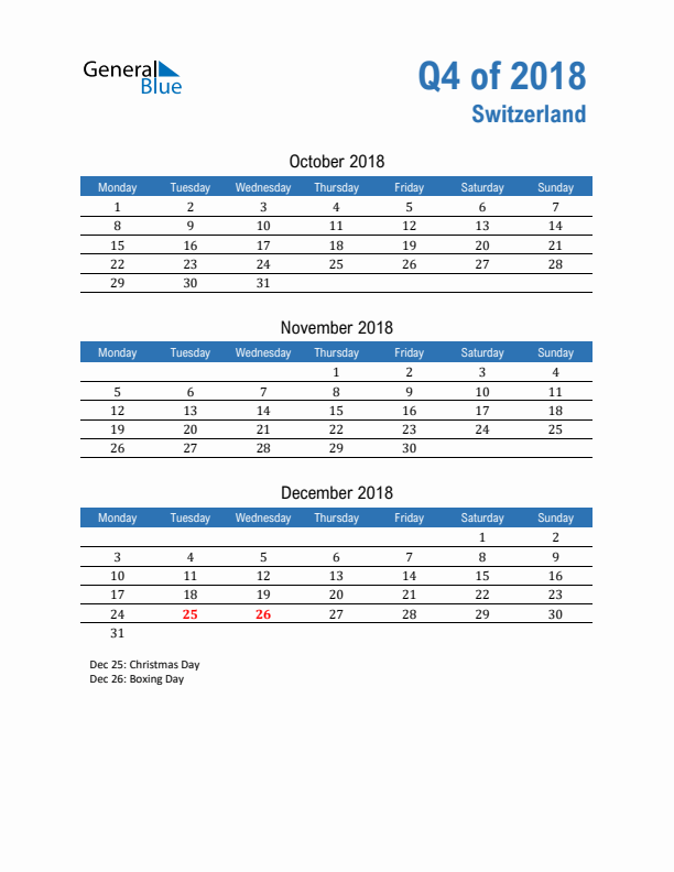 Switzerland Q4 2018 Quarterly Calendar with Monday Start