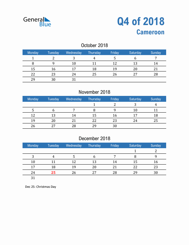 Cameroon Q4 2018 Quarterly Calendar with Monday Start