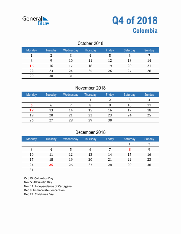 Colombia Q4 2018 Quarterly Calendar with Monday Start