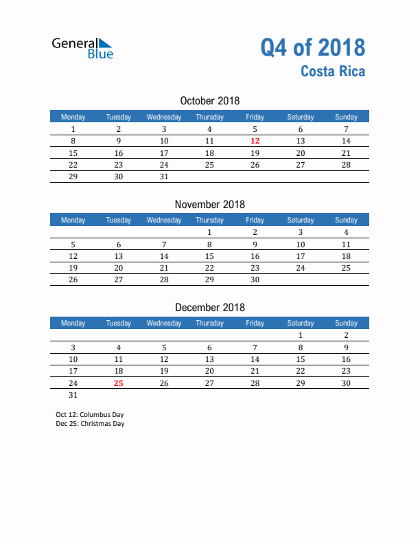 Costa Rica Q4 2018 Quarterly Calendar with Monday Start