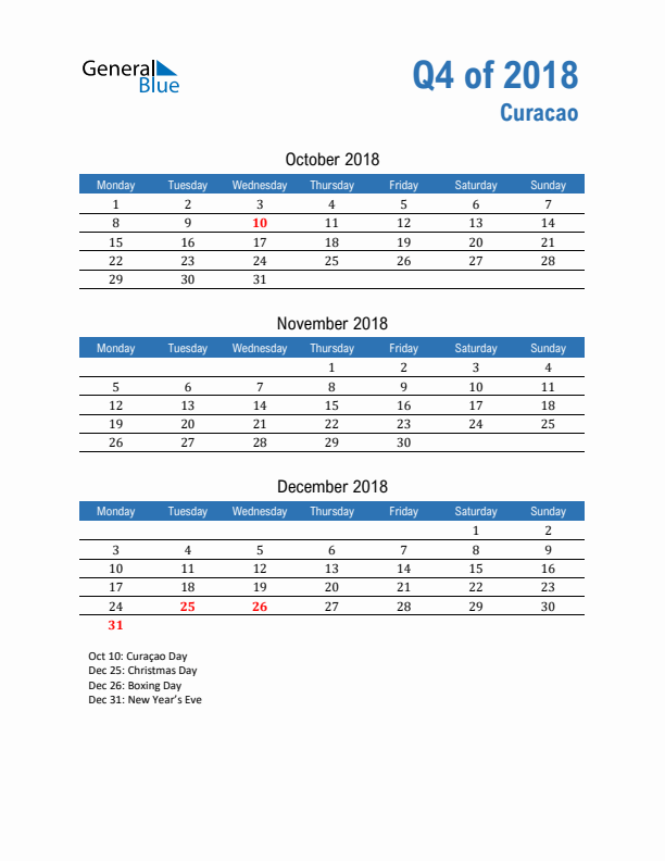 Curacao Q4 2018 Quarterly Calendar with Monday Start