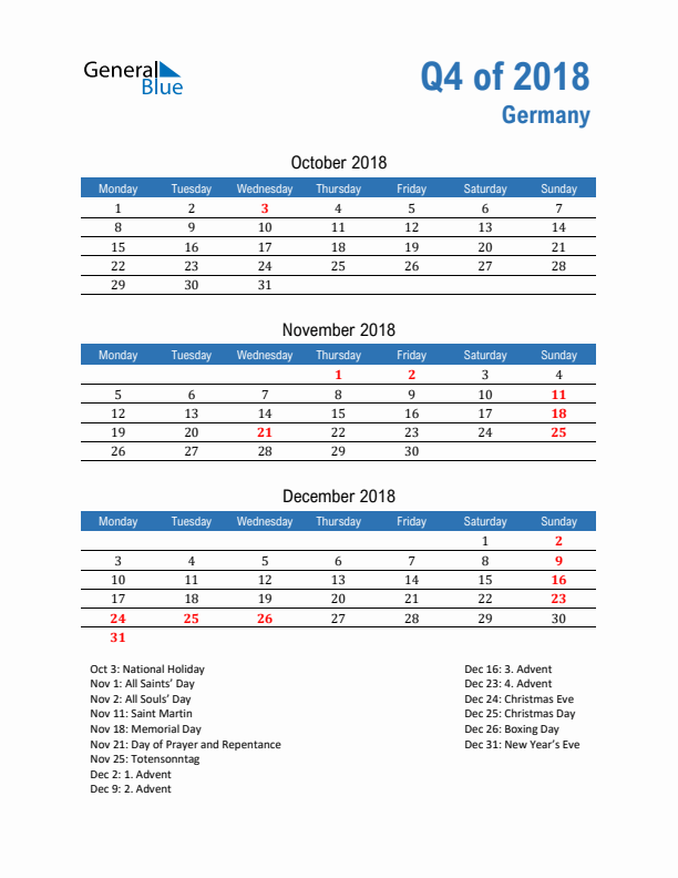 Germany Q4 2018 Quarterly Calendar with Monday Start