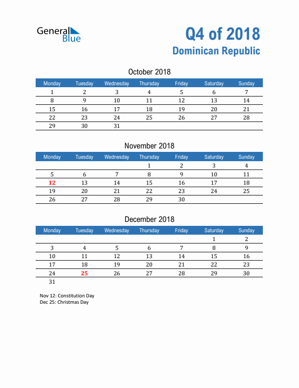 Dominican Republic Q4 2018 Quarterly Calendar with Monday Start