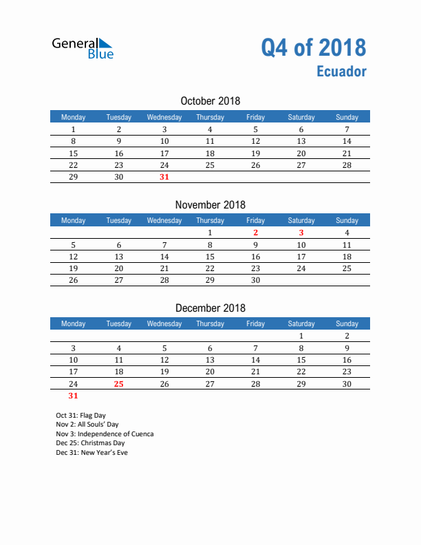 Ecuador Q4 2018 Quarterly Calendar with Monday Start