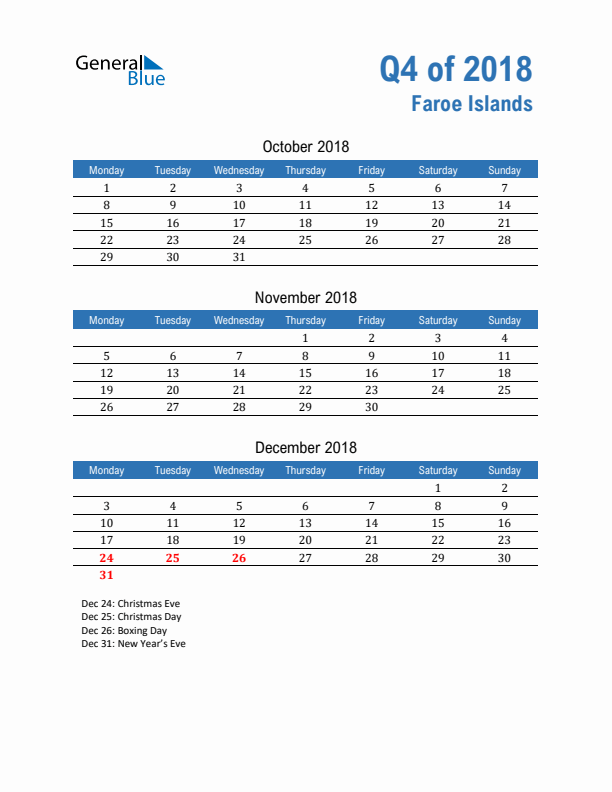 Faroe Islands Q4 2018 Quarterly Calendar with Monday Start