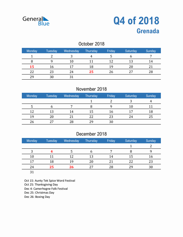 Grenada Q4 2018 Quarterly Calendar with Monday Start