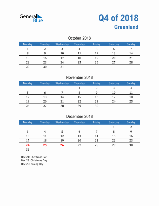 Greenland Q4 2018 Quarterly Calendar with Monday Start