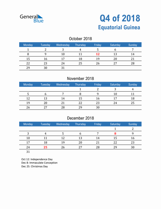 Equatorial Guinea Q4 2018 Quarterly Calendar with Monday Start