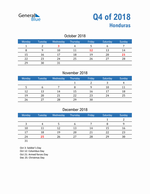 Honduras Q4 2018 Quarterly Calendar with Monday Start