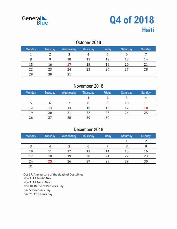 Haiti Q4 2018 Quarterly Calendar with Monday Start