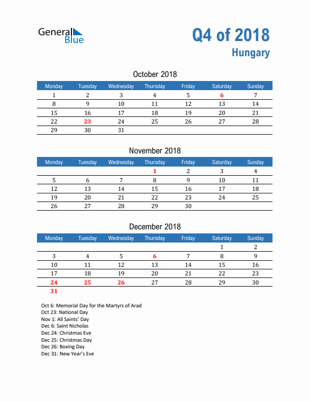 Hungary Q4 2018 Quarterly Calendar with Monday Start