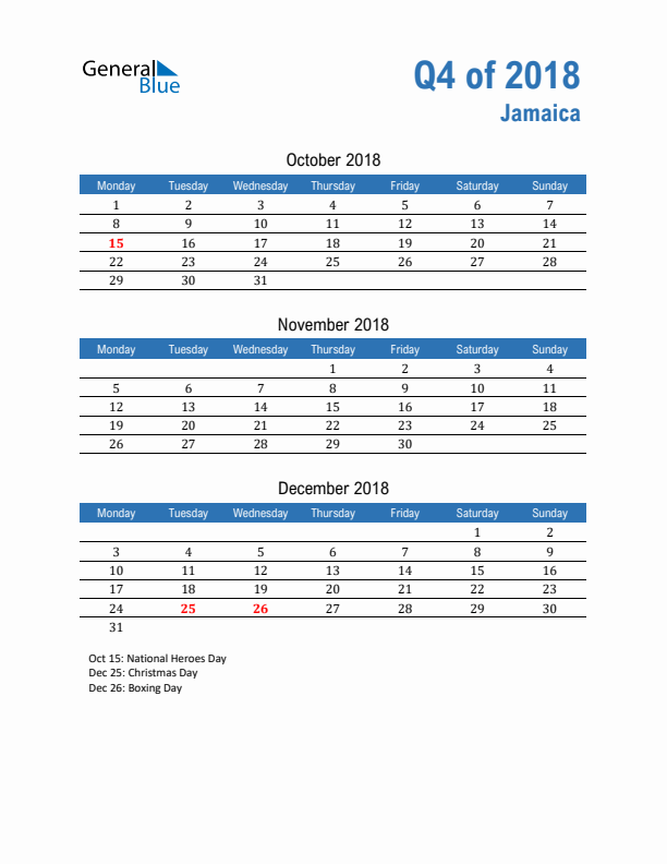 Jamaica Q4 2018 Quarterly Calendar with Monday Start