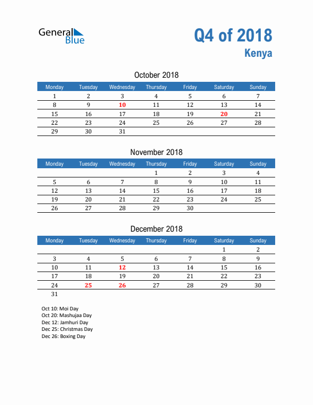 Kenya Q4 2018 Quarterly Calendar with Monday Start