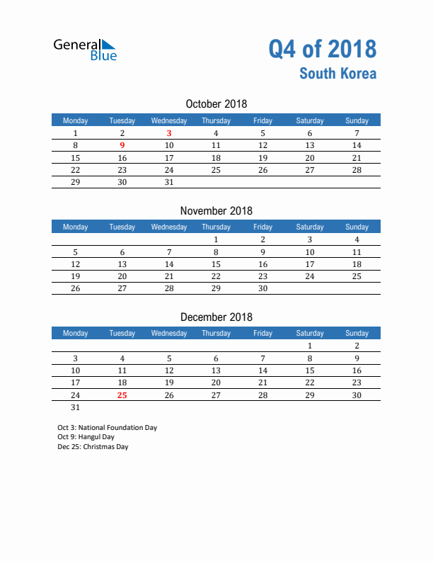 South Korea Q4 2018 Quarterly Calendar with Monday Start