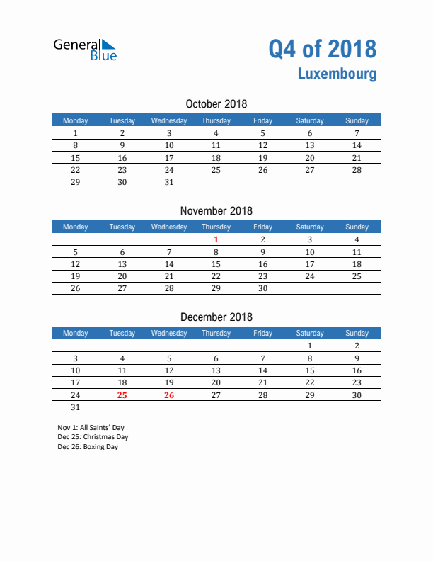 Luxembourg Q4 2018 Quarterly Calendar with Monday Start