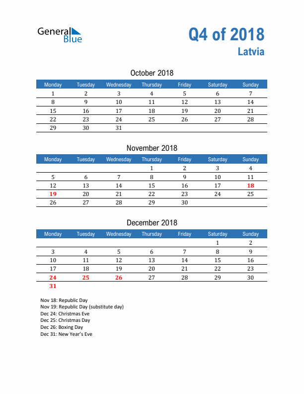 Latvia Q4 2018 Quarterly Calendar with Monday Start