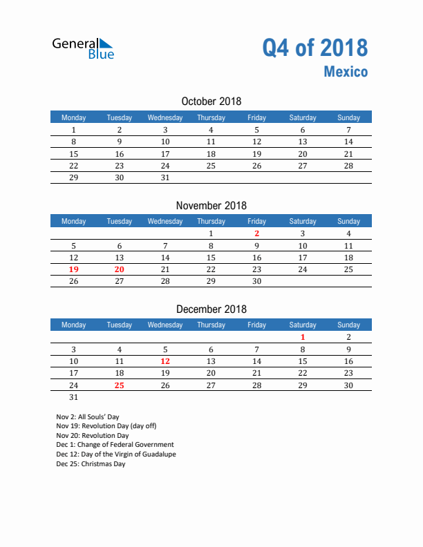 Mexico Q4 2018 Quarterly Calendar with Monday Start