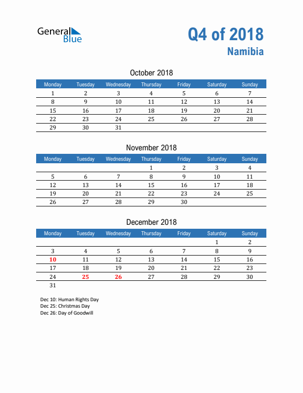 Namibia Q4 2018 Quarterly Calendar with Monday Start