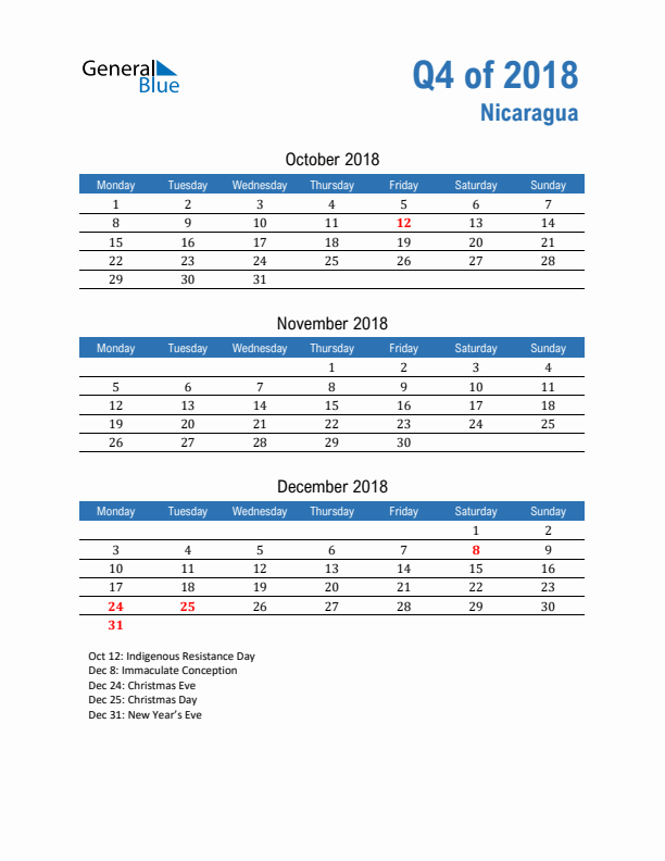 Nicaragua Q4 2018 Quarterly Calendar with Monday Start