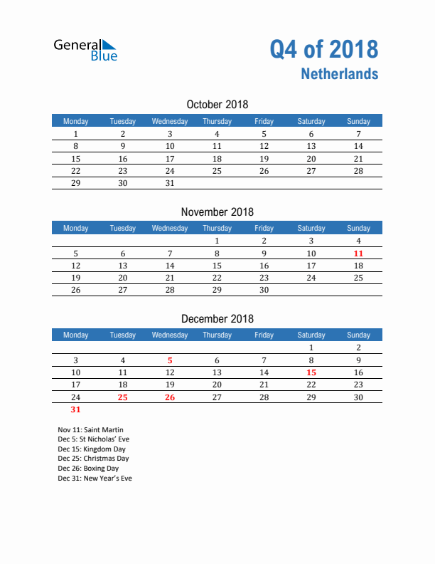 The Netherlands Q4 2018 Quarterly Calendar with Monday Start