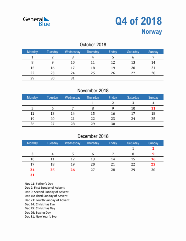 Norway Q4 2018 Quarterly Calendar with Monday Start