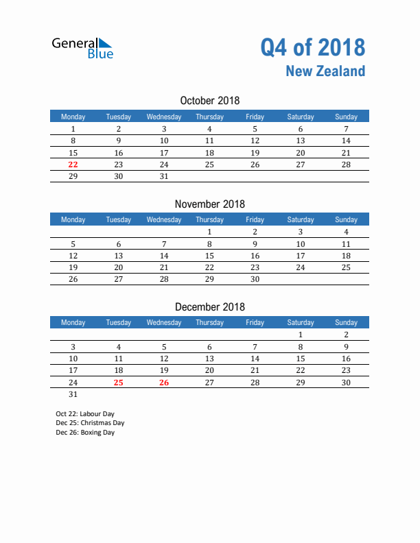 New Zealand Q4 2018 Quarterly Calendar with Monday Start