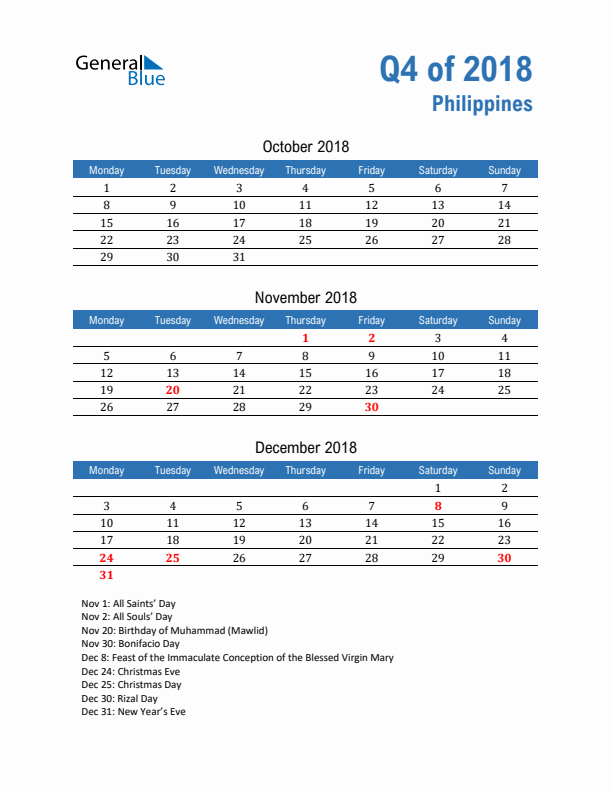 Philippines Q4 2018 Quarterly Calendar with Monday Start