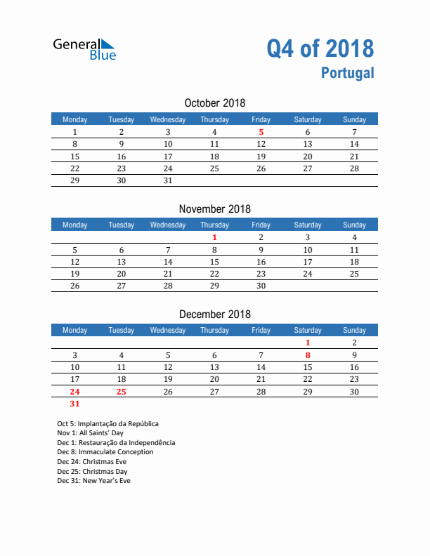 Portugal Q4 2018 Quarterly Calendar with Monday Start