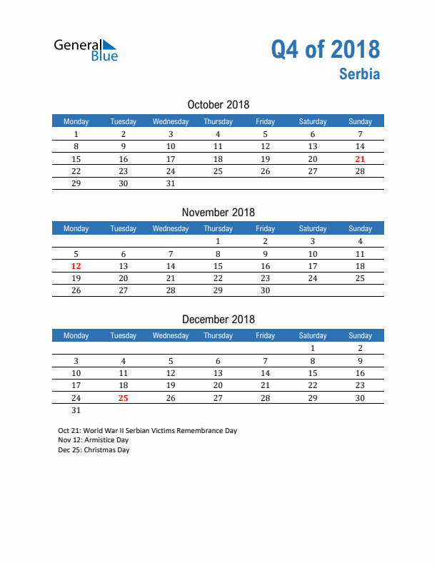 Serbia Q4 2018 Quarterly Calendar with Monday Start