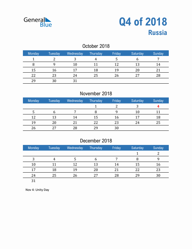 Russia Q4 2018 Quarterly Calendar with Monday Start