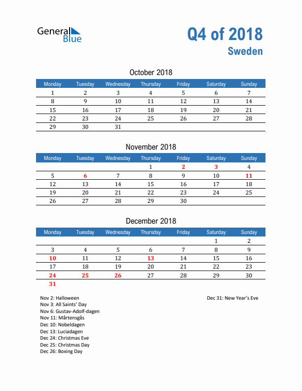 Sweden Q4 2018 Quarterly Calendar with Monday Start