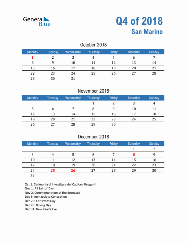 San Marino Q4 2018 Quarterly Calendar with Monday Start