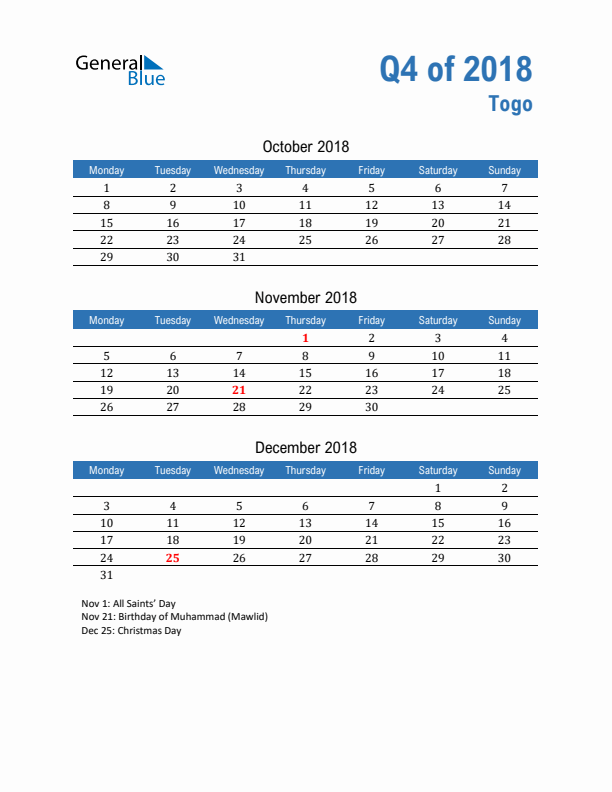 Togo Q4 2018 Quarterly Calendar with Monday Start