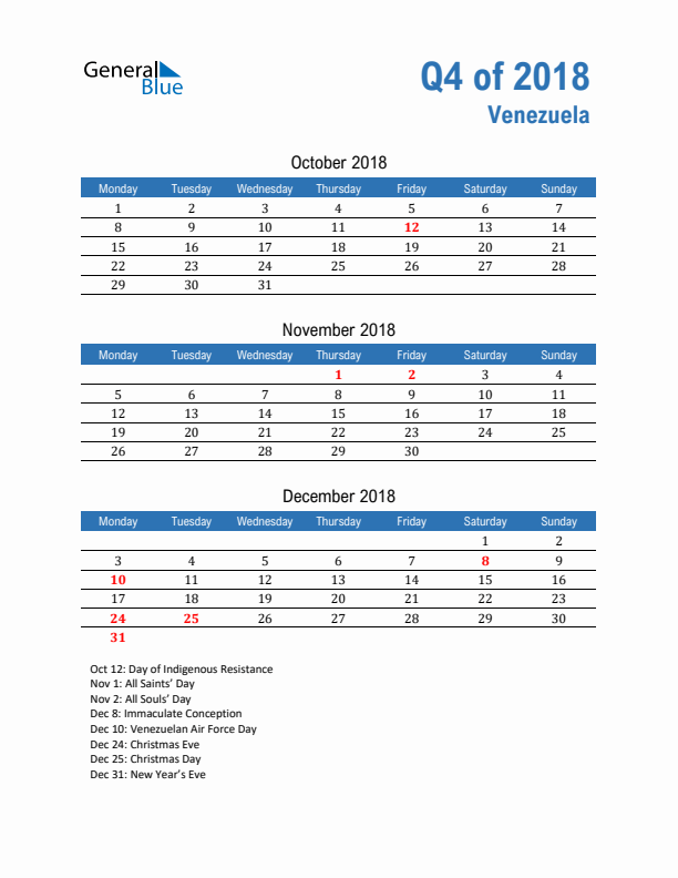 Venezuela Q4 2018 Quarterly Calendar with Monday Start