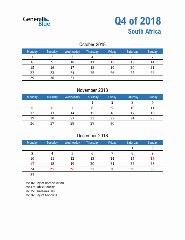 South Africa Q4 2018 Quarterly Calendar with Monday Start