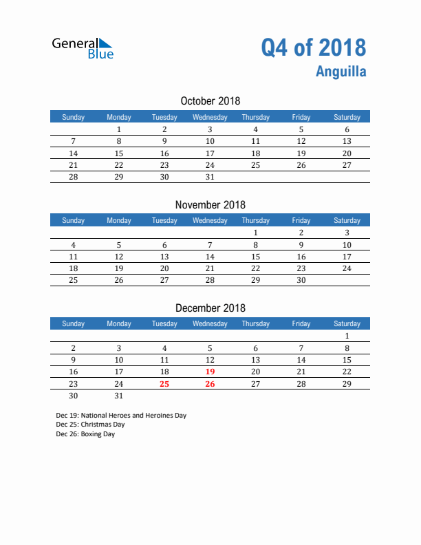 Anguilla Q4 2018 Quarterly Calendar with Sunday Start