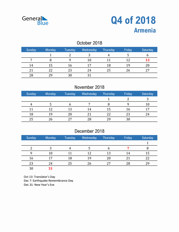 Armenia Q4 2018 Quarterly Calendar with Sunday Start