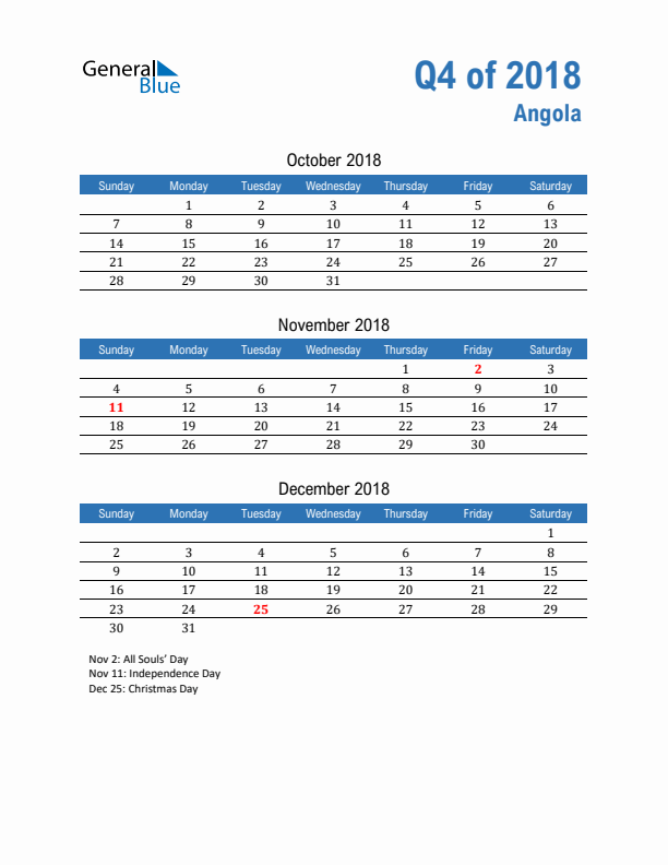 Angola Q4 2018 Quarterly Calendar with Sunday Start