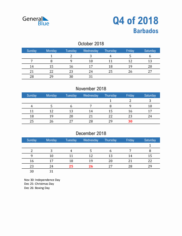 Barbados Q4 2018 Quarterly Calendar with Sunday Start