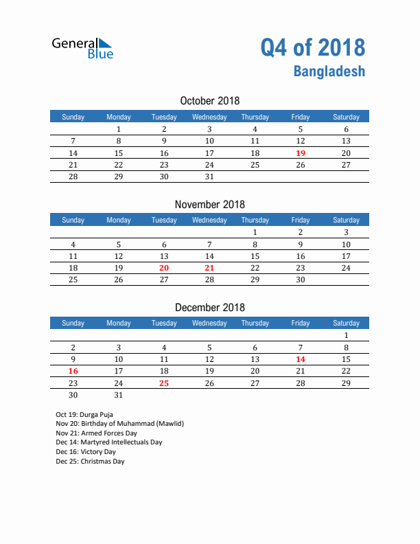 Bangladesh Q4 2018 Quarterly Calendar with Sunday Start