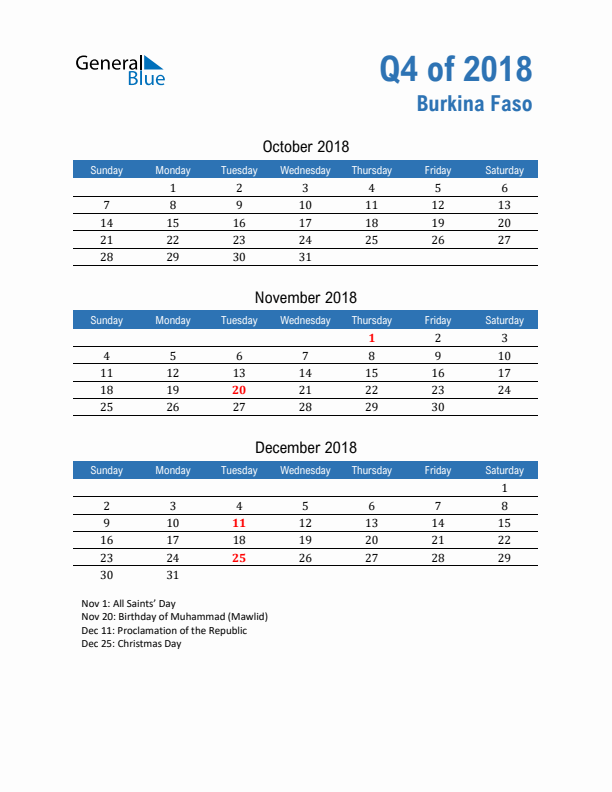 Burkina Faso Q4 2018 Quarterly Calendar with Sunday Start