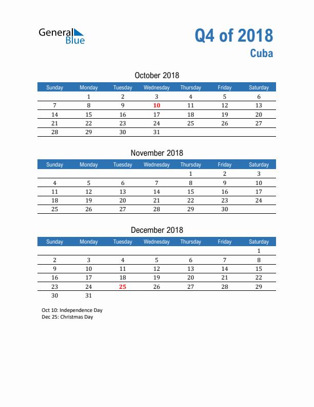 Cuba Q4 2018 Quarterly Calendar with Sunday Start