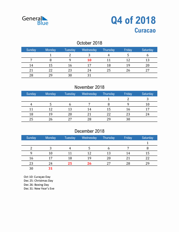 Curacao Q4 2018 Quarterly Calendar with Sunday Start