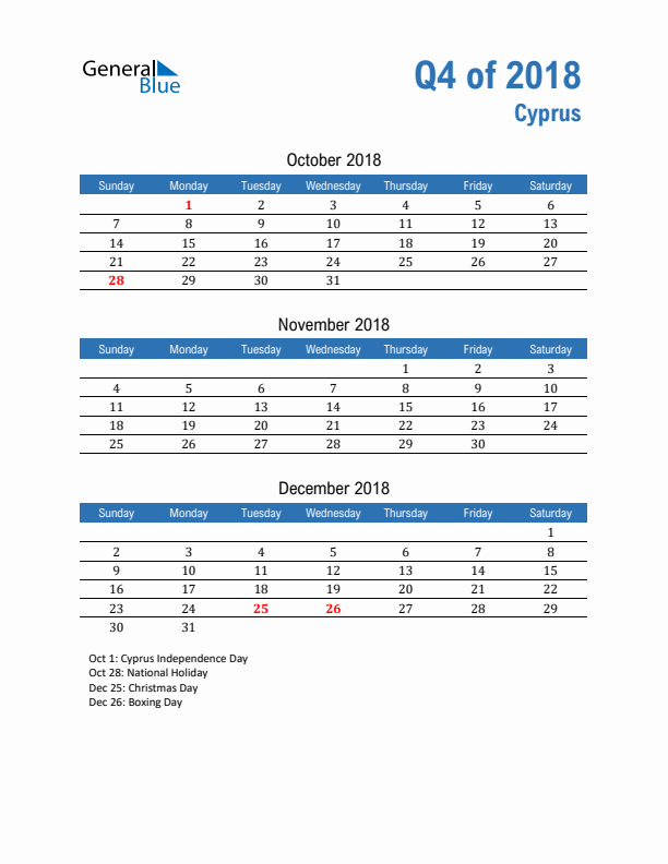 Cyprus Q4 2018 Quarterly Calendar with Sunday Start