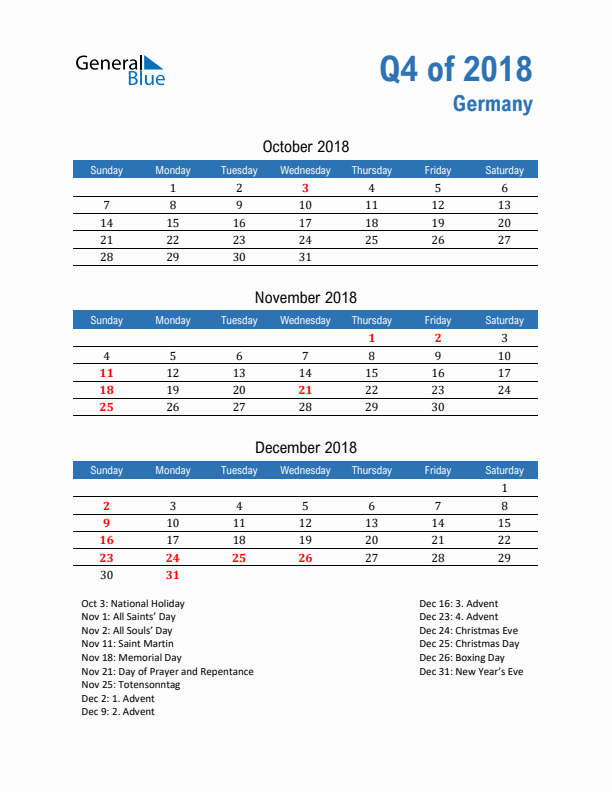 Germany Q4 2018 Quarterly Calendar with Sunday Start