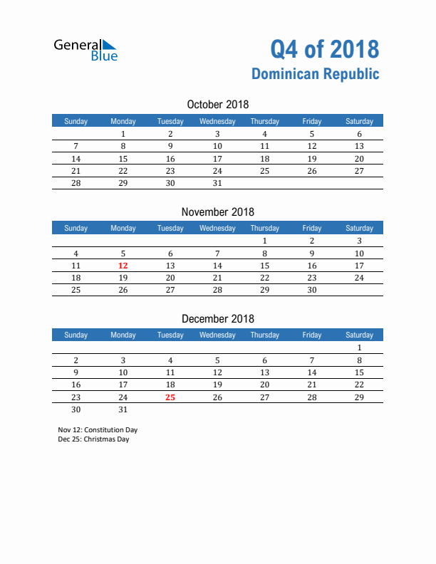 Dominican Republic Q4 2018 Quarterly Calendar with Sunday Start