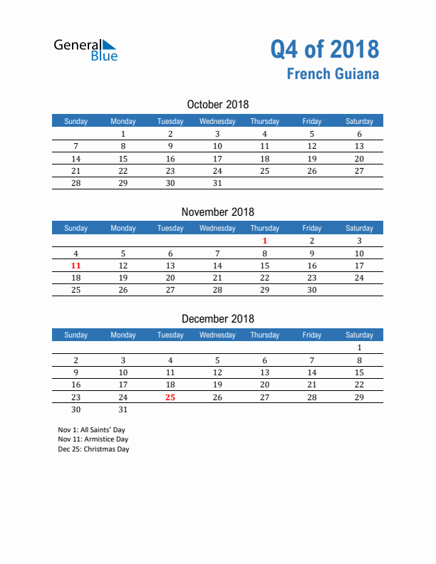 French Guiana Q4 2018 Quarterly Calendar with Sunday Start