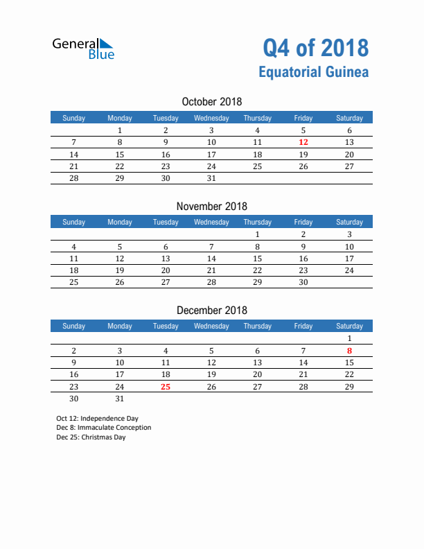 Equatorial Guinea Q4 2018 Quarterly Calendar with Sunday Start